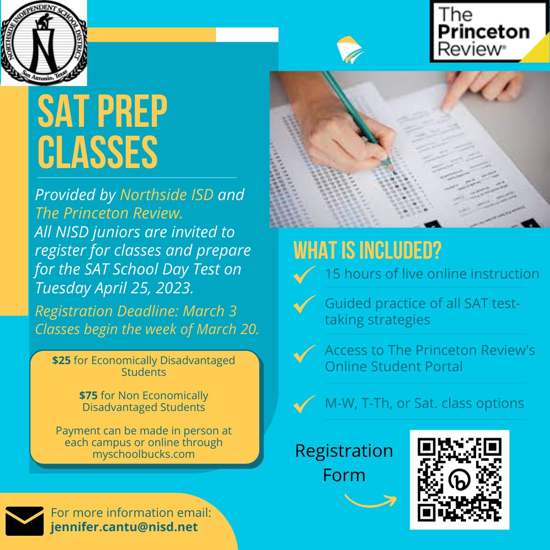 NISD_AVID's tweet photo. ATTENTION NISD JUNIORS! The deadline to register for SAT Prep classes is Fri Mar 3.  Don't miss out on this opportunity! @NISDJay @NISDMarshall @NISDHolmes @NISDSTEVENS @NISDHCHS @NISDWarren @NISDTaft @NISDClark @NISDHarlan @NISDSotomayor @NISDBrandeis @NISDBrennan @NISDOConnorHS https://t.co/Z3oycfIoho