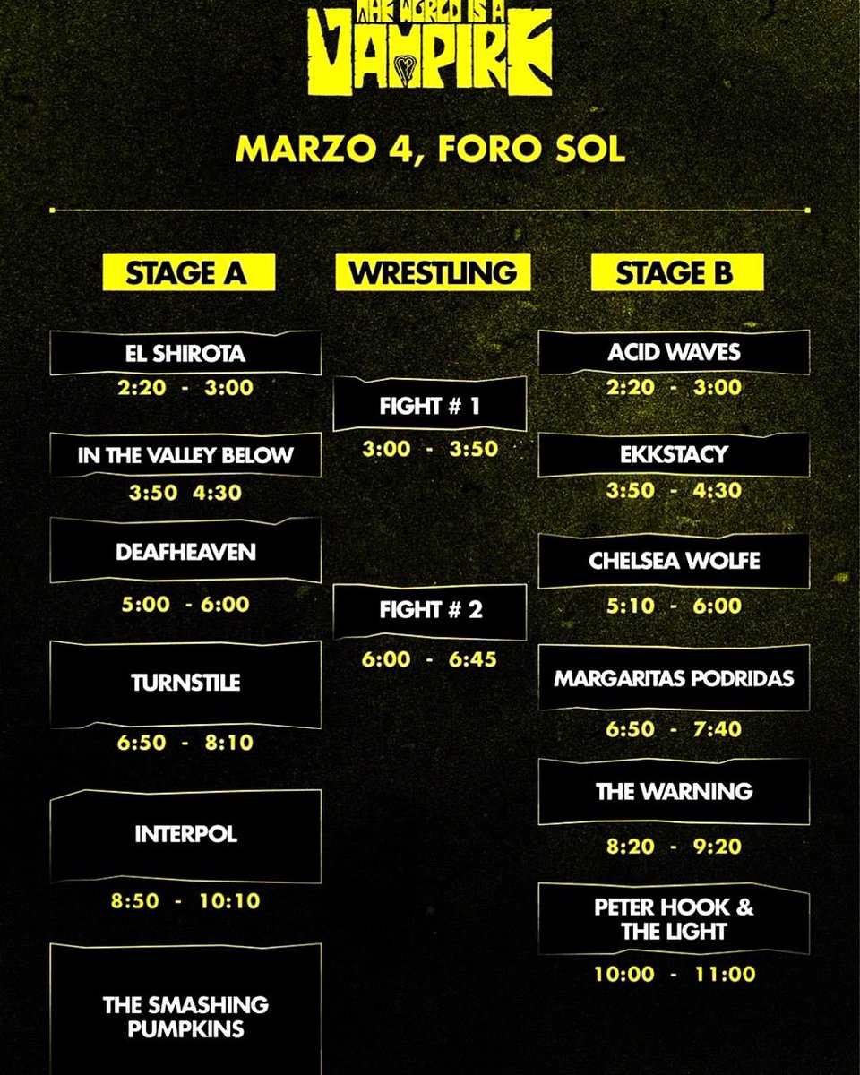 Here’s the running order for Saturdays gig in CDMX with @peterhook_thelight @smashingpumpkins @interpol and @cchelseawwolfe #VAMOS