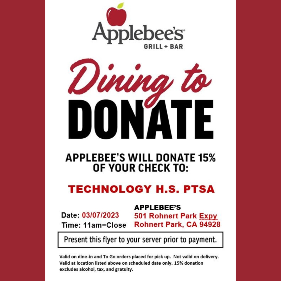 _TechnologyHS's tweet image. Mark your calendars for our next Dine &amp;amp;  Donate.  Head over to Applebee&apos;s in Rohnert Park on Tuesday, March 7th between 11:00am-close to help Tech High PTSA earn 15% back on dine-in and to-go orders.  Remember to give them this flyer before paying.  Thank you! #communitysupport