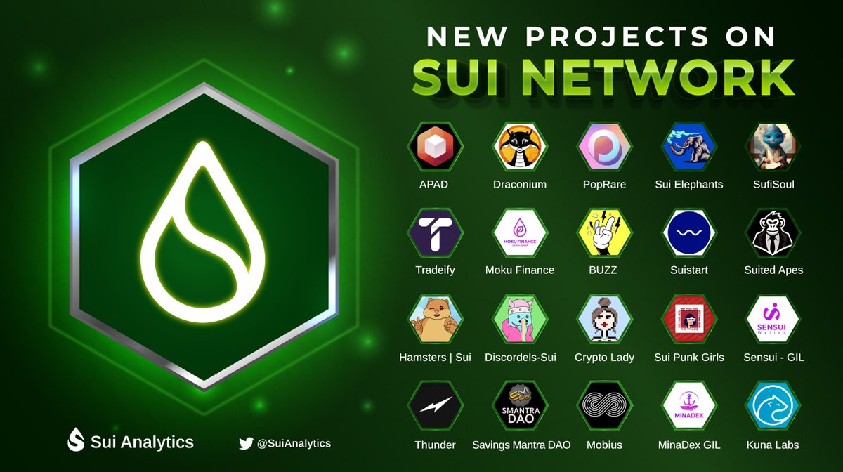 🔥 New Projects on <a href="/SuiNetwork/">Sui</a> 🔥

@APAD_ai 
<a href="/Draconium_NFT/">Draconium</a> 
<a href="/poprareworld/">PopRare - Sui NFT Marketplace</a> 
@SufiSoulNFTs 
@tradeify_app 
<a href="/MokuFinance/">Moku Finance</a> 
<a href="/Sui_start/">Suistart</a> 
<a href="/SuitedApesNFT/">Suited Apes</a> 

Like &amp; Retweet to support us! #SuiBuilderHouse #LFM #Sui #SuiAnalytics #SuiEcosystem