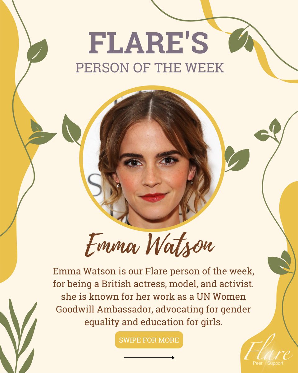 FlareCares's tweet photo. At #Flare, we honour those who speak out on important issues. This week, we recognize @EmmaWatson as #FlarePersonoftheWeek for their work in acting as well as being a model and #activist, especially her work as a UN Women Goodwill #Ambassador. Thank you for sharing your voice! https://t.co/Umkf8CXReU