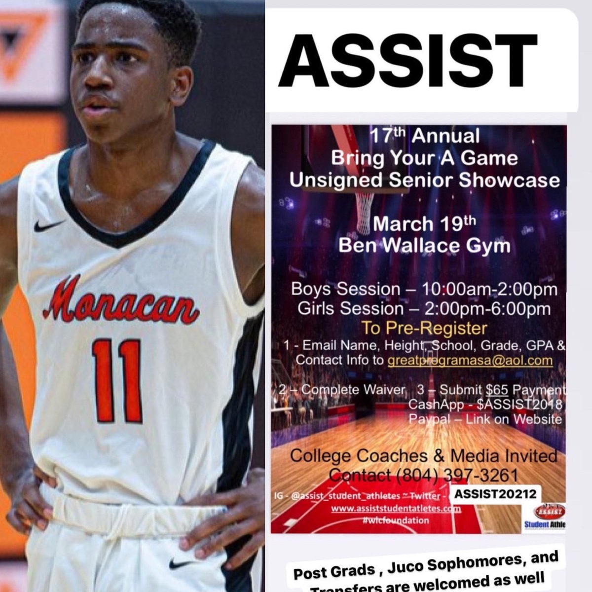 2023 Malcolm Hodges 6’4 wing Monacan HS  <a href="/MonacanHoops/">Monacan Basketball</a> will be participating in the  Assist 17th Annual Bring Your A-Game Unsigned Senior Showcase a Ben Wallace Gym  March 19th 2023 #wlcfoundation #assistwatch <a href="/CoachQVA/">CoachQ</a> <a href="/Cmk_KillaCam/">(Cameron) Assist Student Athletes Evaluator</a>