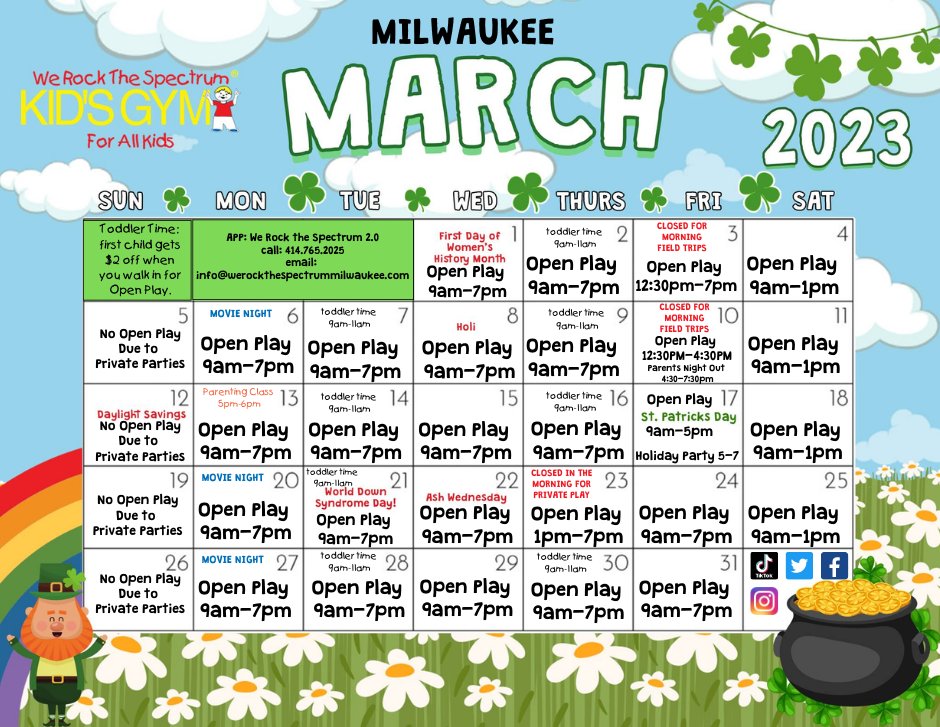 CHECK OUT OUR MARCH CALENDAR. 
#WRTS_Milwaukee
#kidsgym 
#autism
#play