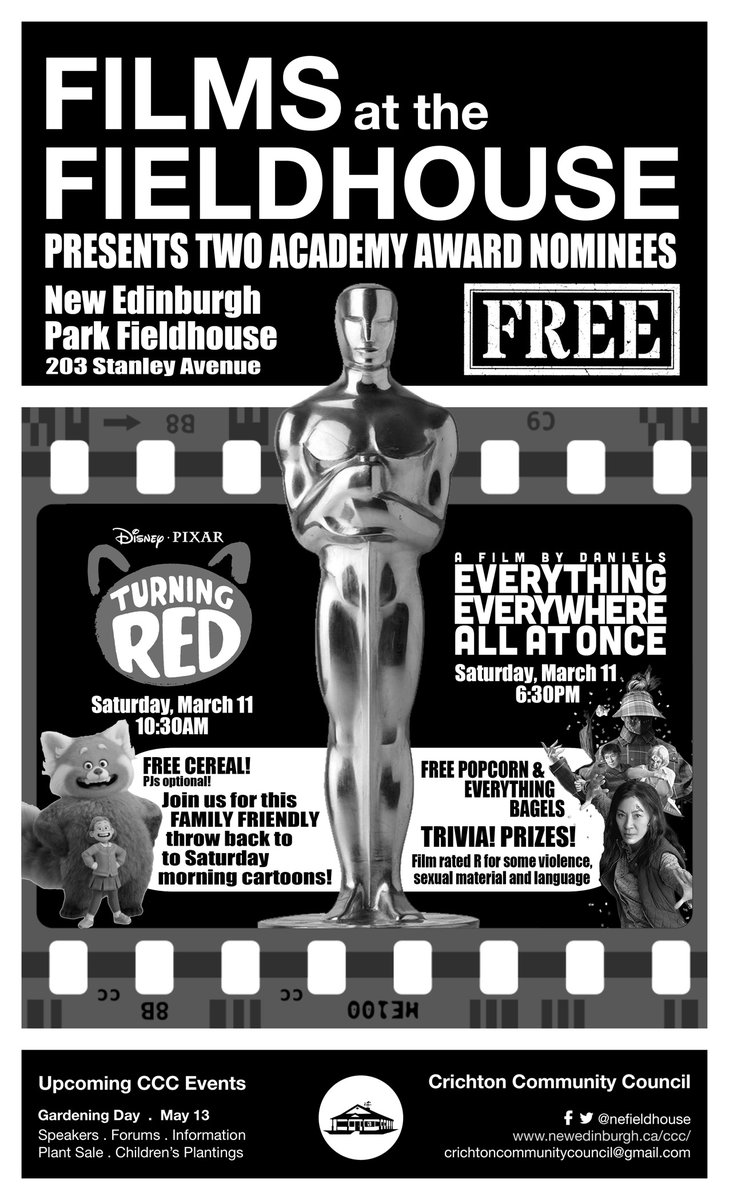 Fieldhouse Films showing two Academy Award nominees Saturday, March 11. "Turning Red" (Disney/Pixar) at 10:30am: free cereal, family friendly. "Everything Everywhere All at Once" at 6:30pm: free popcorn and everything bagels, rated R, trivia. Donations appreciated to cover costs.