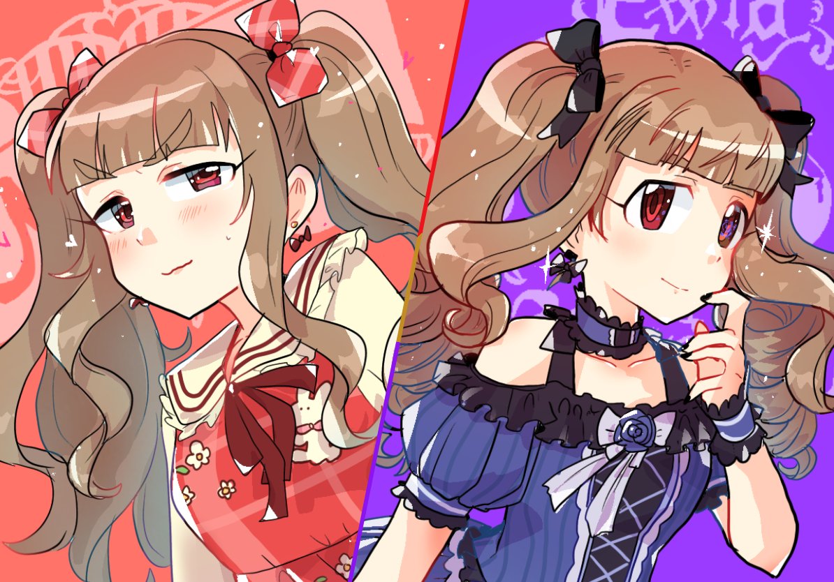 twintails 1girl red eyes brown hair earrings bow dress  illustration images