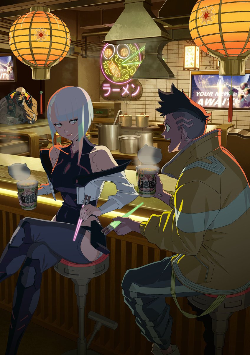TRIGGER realizó un nuevo visual especial para el popular anime "Cyberpunk: Edgerunners", como parte de una colaboración con la marca Cup Noodles. #cyberpunk
