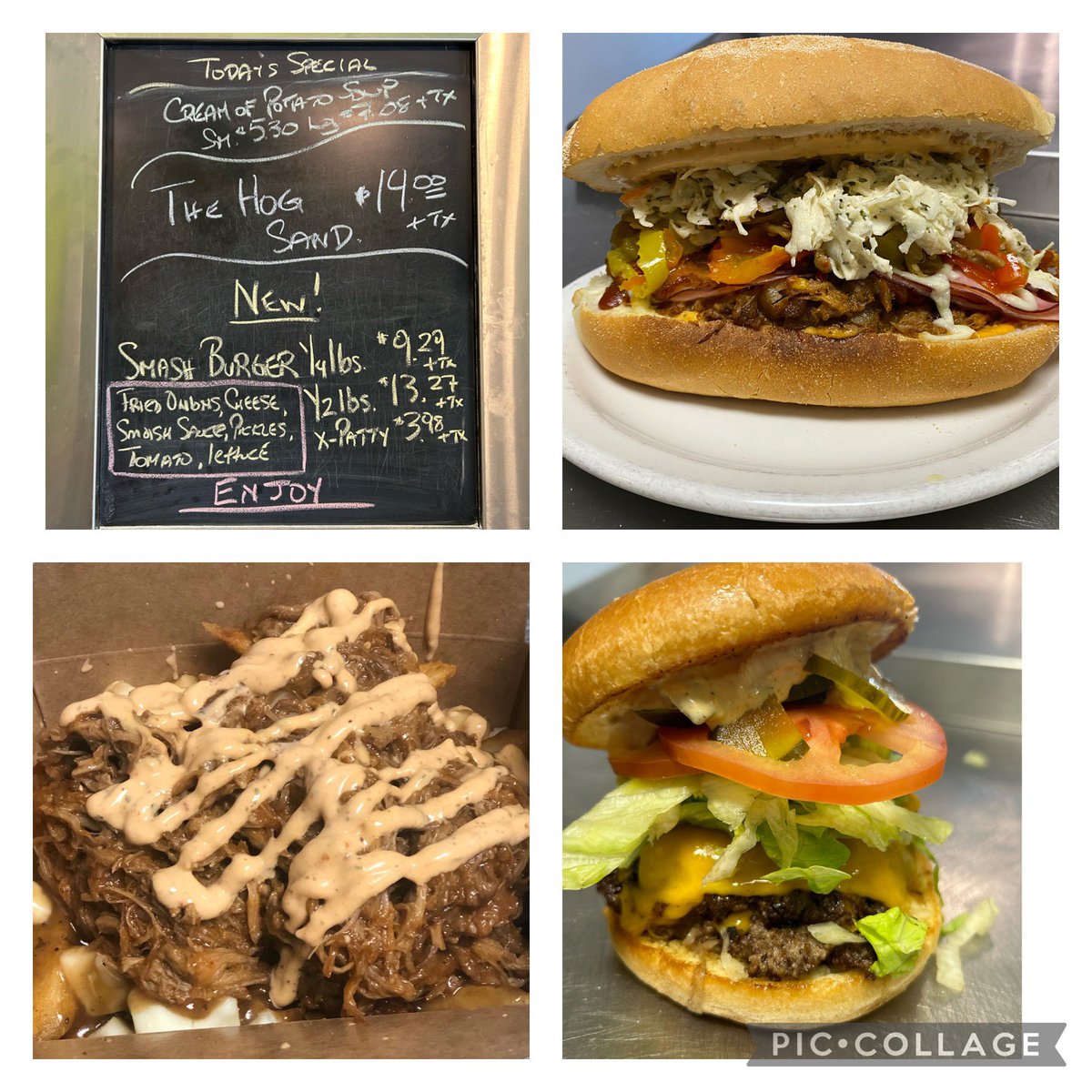 Hello Beautiful People! We’re now serving SMASH BURGERS! Today’s specials are Cream of Potato Soup and our Hog Sandwich. Pulled Pork, Black Forest Ham, Bacon, Cheese, Oven Baked, Chipotle Mayo and Coleslaw. Poutines, Pasta and Desserts, Enjoy! @dylanblackradio @OttawaCancer