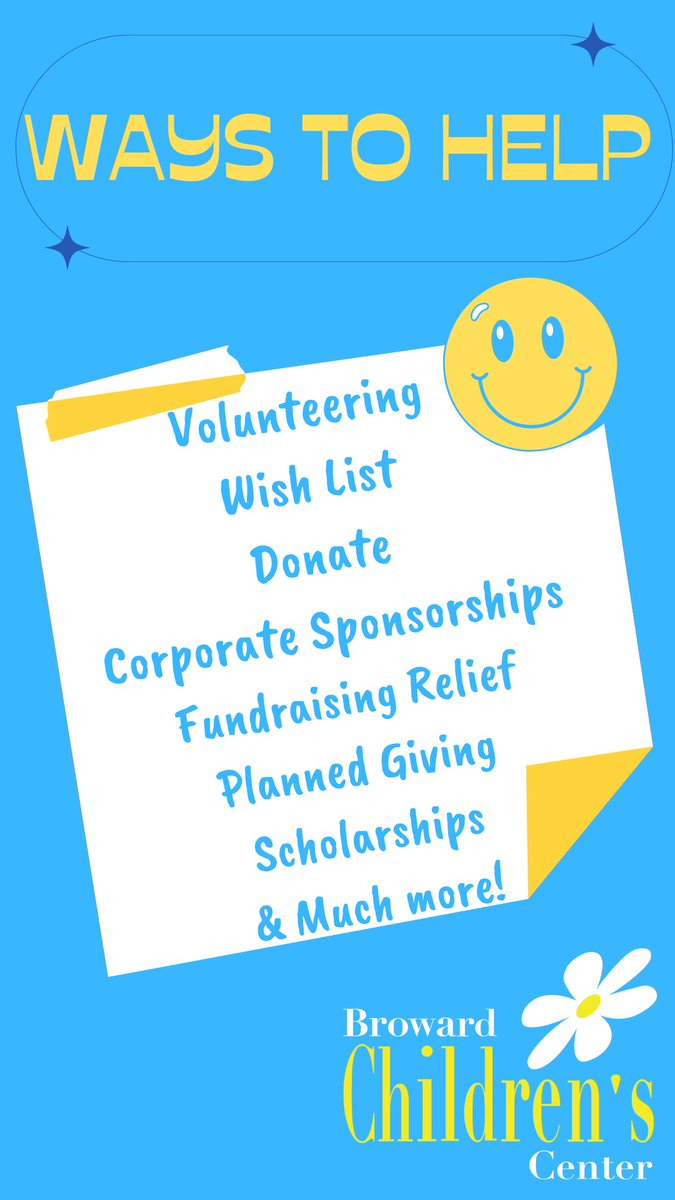 Broward Children's Center is continuously seeking corporate and individual partners to help us fulfill our mission of giving the children we serve the highest quality of life possible!

#BCC #BCCKids #Volunteers #Sponsorships #Broward