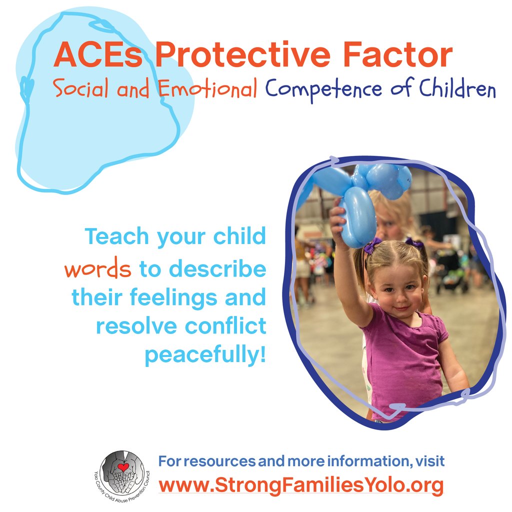 ACEs Awareness Protective Factor: Social and Emotional Competence of Children.  

Learn more foundations at strongfamiliesyolo.org/parents  

#PreventACEs #StrongFamiliesYolo #EndChildAbuseYolo #ProtectiveFactoroftheMonth