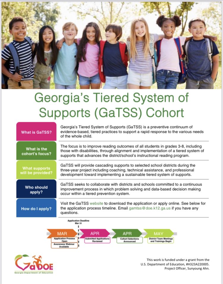 The new Cohort Application was released today and posted on the website for Georgia’s Tiered System of Supports (GaDOE.org/MTSS). Georgia schooldistricts are encouraged to apply.