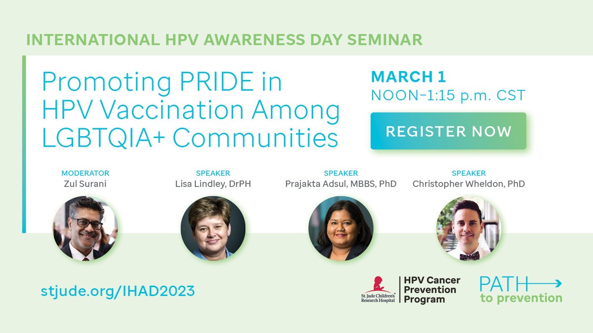 Today’s webinar, “Promoting PRIDE in HPV Vaccination among LGBTQIA+ Communities” starts at noon CT/1 pm ET. There’s still time to register. stjude.org/IHAD2023 #EndHPVCancers #IHAD2023