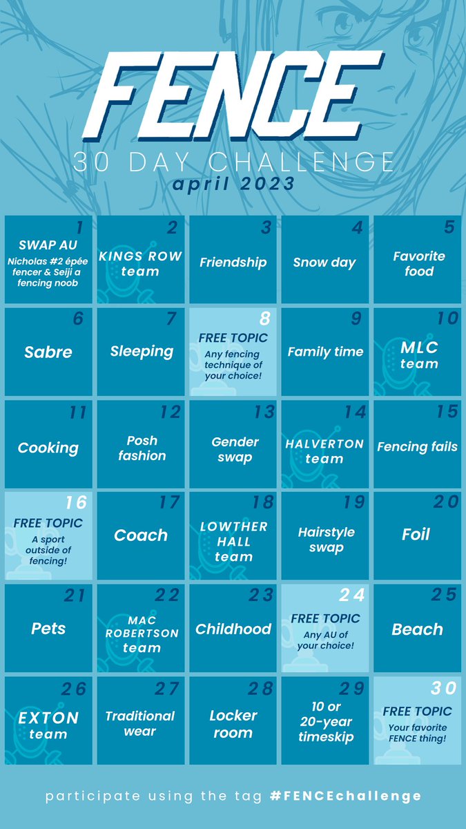 JohannaTheMad's tweet photo. 🤺This April we're inviting you to take part in a FENCE 30 day challenge!🤺

Here you will find the guidelines and calendar with the daily prompts for the whole month.

Thank you and we're looking forward to it💕
@cspacat  #FENCEchallenge https://t.co/pNjwQZL0Yv