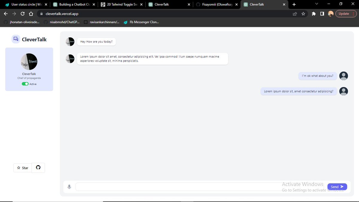 designbyfisayo's tweet image. 🎨👀 UI for my chatbot app is done! 😍 Used Tailwind CSS to create a clean, modern interface that&apos;s easy on the eyes. Excited to move on! 💻🚀 #frontenddeveloper #chatbotapp #tailwindCSS

@sqicict @scrumtuous @EniolaCodes @DevTobs