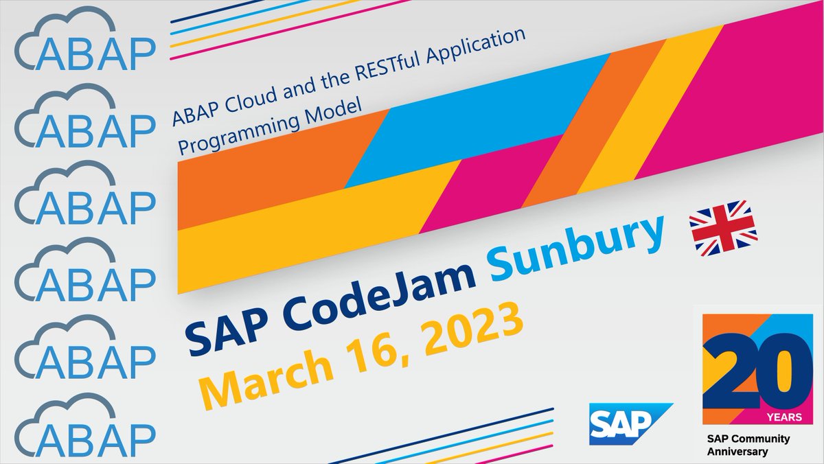 Join us on Thursday 16th March for SAP’s CodeJam ABAP Cloud at the BP Sunbury Learning Centre, as <a href="/SAP/">SAP</a> discusses the ABAP Cloud &amp; ABAP RESTful Application Programming Model. 

Don’t miss out. Sign up now ow.ly/ZZj550MY6HJ