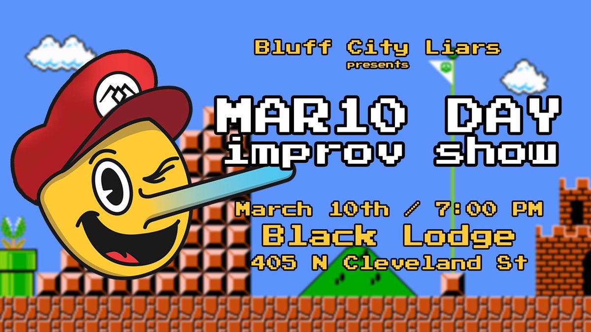 Bluff City Liars return to Black Lodge this “Mario Day” on March 10th for comedy befitting of a princess—even if she is in another castle. #blacklodge #memphisimprov #improv #comedy #mar10day #mar10