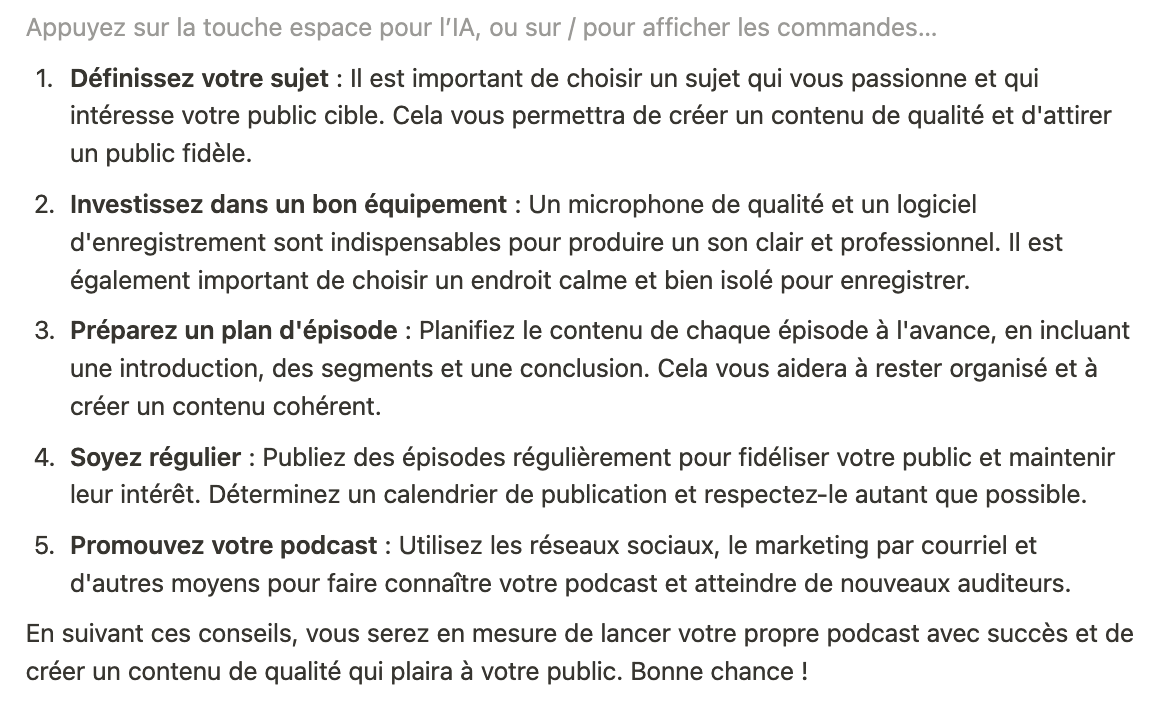 J'ai demandé à l'IA de <a href="/NotionHQ/">Notion</a> ses conseils pour lancer son podcast. Voici sa réponse. 

Des podcasteurs dans la salle ? Vous en pensez quoi ?