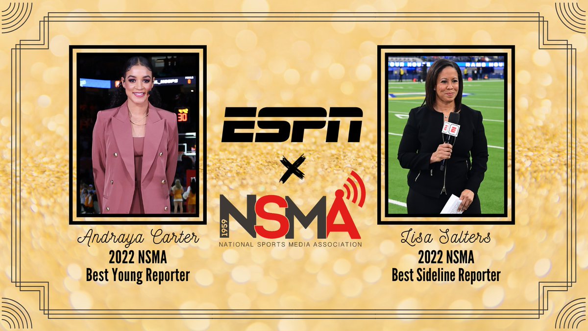 ESPN PR (@espnpr) on Twitter photo Congratulations to ESPN reporters <a href="/Andraya_Carter/">Andraya Carter</a> & <a href="/saltersl/">Lisa Salters</a> on their honors from <a href="/NSMASportsMedia/">NSMA Sports Media</a>
π Andraya Carter: 2022 NSMA Best Young Reporter
π Lisa Salters: 2022 NSMA Best Sideline Reporter
More: bit.ly/3kAoTFN Congratulations to ESPN reporters <a href="/Andraya_Carter/">Andraya Carter</a> & <a href="/saltersl/">Lisa Salters</a> on their honors from <a href="/NSMASportsMedia/">NSMA Sports Media</a>
π Andraya Carter: 2022 NSMA Best Young Reporter
π Lisa Salters: 2022 NSMA Best Sideline Reporter
More: bit.ly/3kAoTFN
