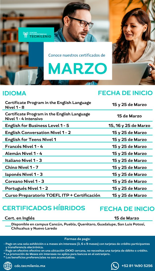 Iniciamos el primer trimestre del año y es el mejor momento para retomar tus propósitos de crecimiento profesional 🙌
Te compartimos los certificados que iniciaremos en marzo. ¿A cuál te vas a inscribir?

#CDCTecmilenio #Aprendedores