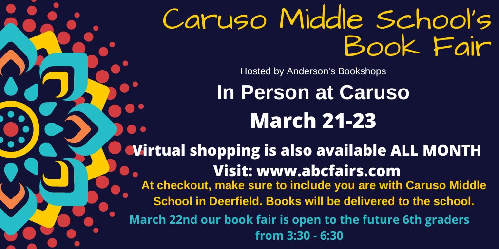 It's time for Caruso's Book Fair!!!!! Online shopping starts today. In person shopping runs from March 21-23 in the Learning Commons. Mark Your Calendars!!!