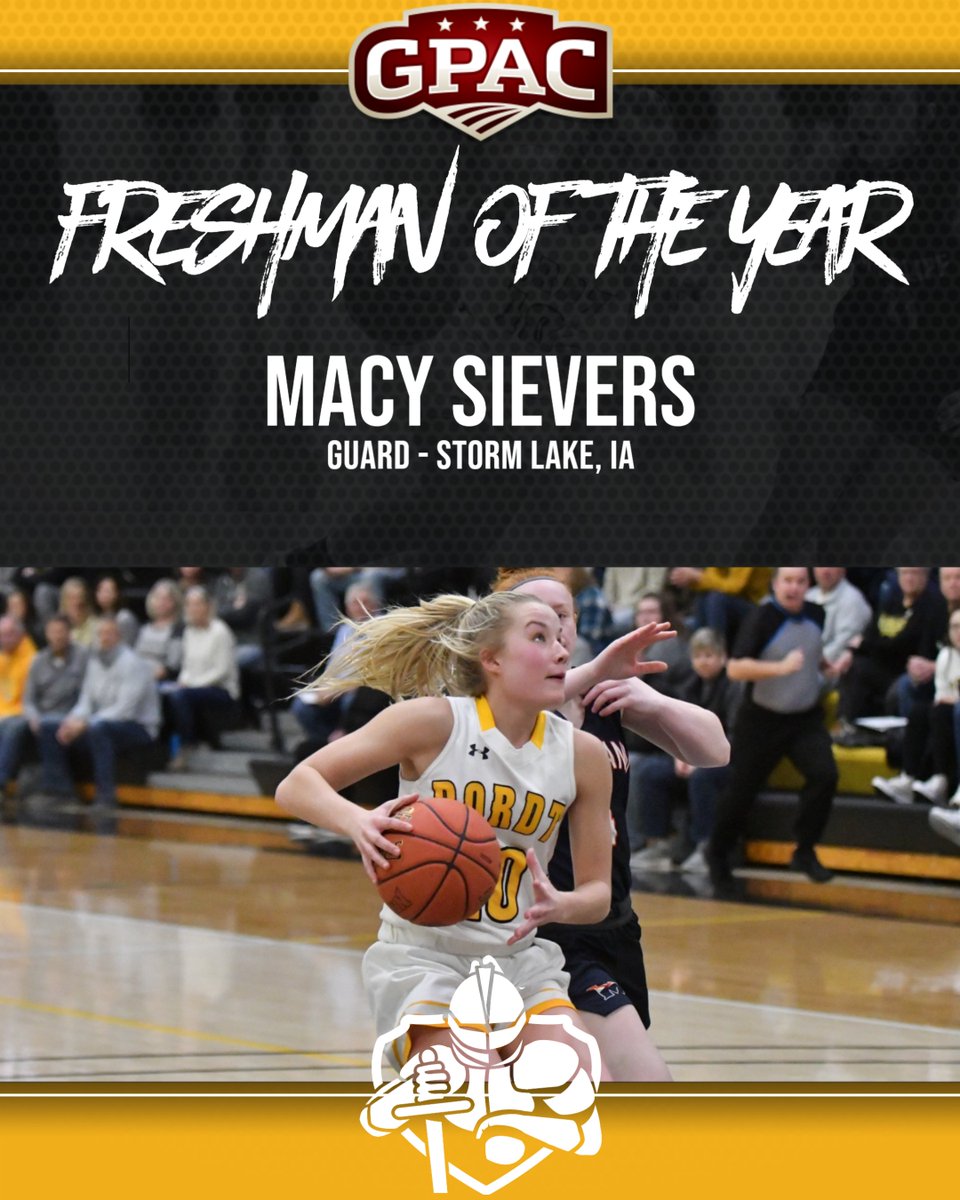 Macy Sievers has been named the GPAC Freshman of the Year! Through 31 games, Macy averaged 8.1pts, 5.2rpg, &amp; 5.5apg. Congratulations, Macy!⚔️🏀