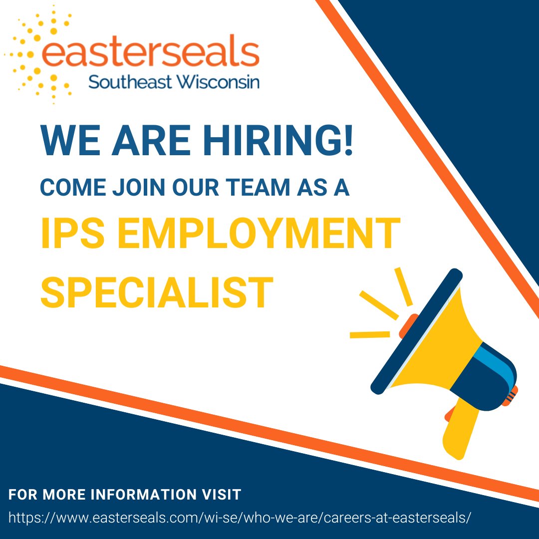 #WorkWithUsWednesday 
Want a job that will make a difference? 
🧡This week's featured position: IPS Employment Specialist 
🖱Application -> tinyurl.com/bdhusvew 

🧡For more information on our IPS program, check out our website: easterseals.com/wi-se/programs…