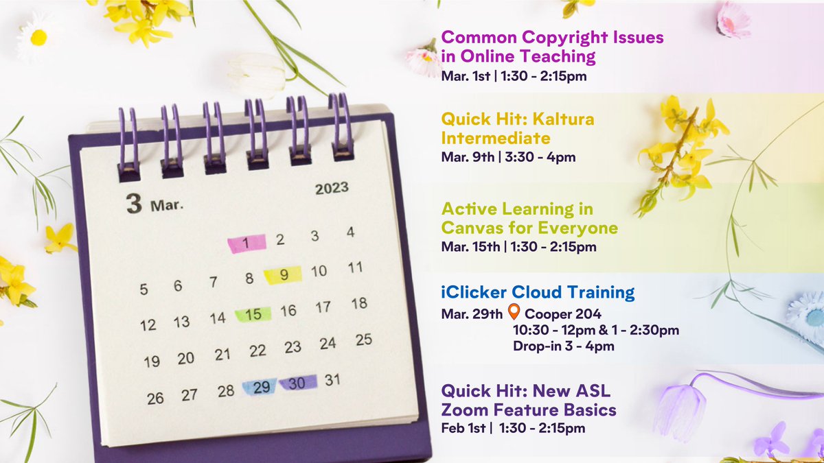 ClemsonOnline's tweet photo. Marching out the #ClemsonOnline event lineup for this month! Mark your calendars to learn something new or refresh > https://t.co/8LcJy0gEPd
.
#Clemson #Canvas #Kaltura #iClicker #Teaching #Faculty #Instructor #Training #March #Events https://t.co/CtCib4PXKl