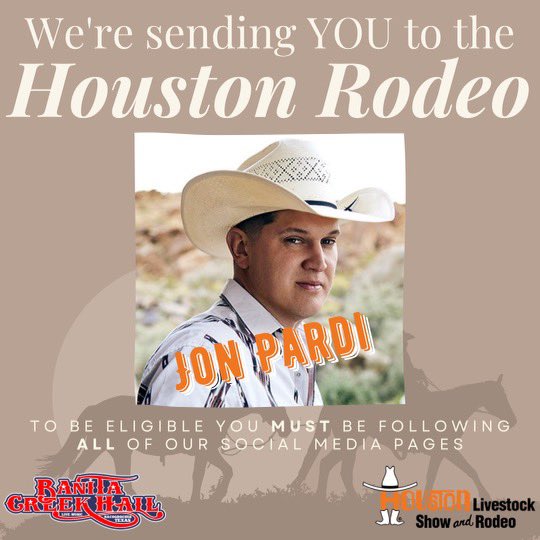 Winners for day 8 have been chosen and notified! Let’s start day 9 for Jon Pardi! 

It’s almost rodeo time in Houston 🤠 and Banita Creek Hall wants to send you and a friend to see some awesome concerts‼️‼️‼️

All you’ll have to do is:

👍🏼-Like this post 
🐎-RT this post 
🐄- Tag