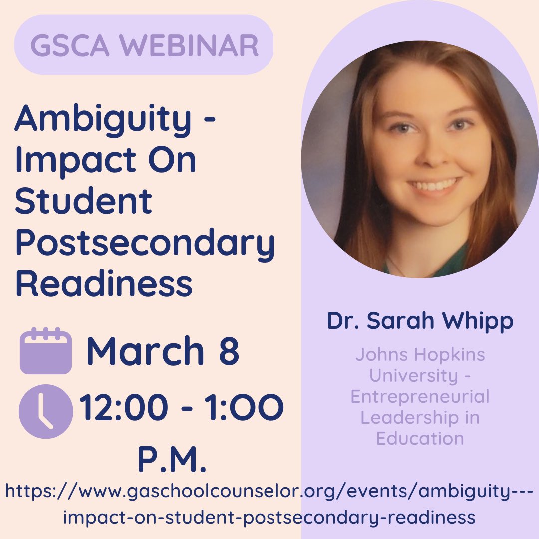 GSCA’s next upcoming webinar is on Wednesday, March 8 from 12 to 1 p.m. presented by Dr. Sarah Whipp. Webinars are free for GSCA members and only $5 for non-members.  

gaschoolcounselor.org/events/ambigui…

#gaschoolcounselors #gsca #GSCAWebinar #engage #exchange #elevate #empower #equity