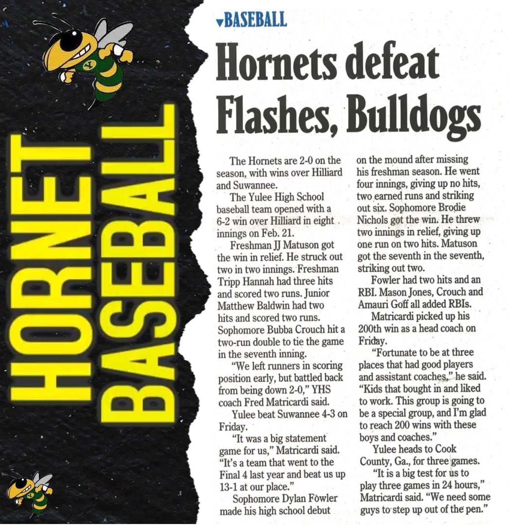 Hornet Baseball in todays News Leader article covering last weeks games!  #YuleeBaseball #HornetBaseball #🐝⚾️ #OnTheRise #StingEm