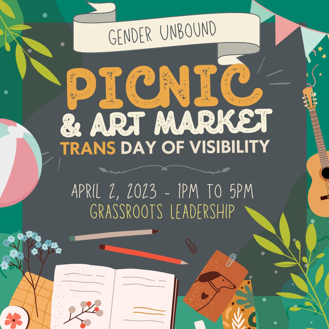 Gender Unbound returns with a Community Picnic and Art Market for Trans Day of Visibility!

Featuring an art market with all trans artists. 
Relax on the lawn with picnic games and fun, chill activities. 
Bring your own picnic blanket, food and snacks. fb.me/e/2b6rFdMNd