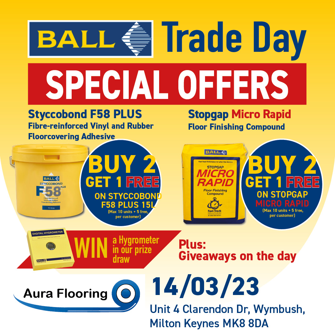 Join Paul Trubridge at the Aura Flooring Trade Day on 14-03-23 where he will have some great SPECIAL OFFERS only available on the day PLUS win a Hygrometer in our Prize Draw!

#floors #flooring #commercialflooring #lvt #screed #screeding #vinylfloors #tradeday #teamfball