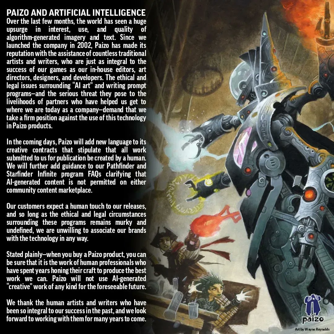 paizo's tweet image. There have been many questions about the future of AI art and text within the TTRPG industry. The short answer is: Paizo stands with artists and writers.