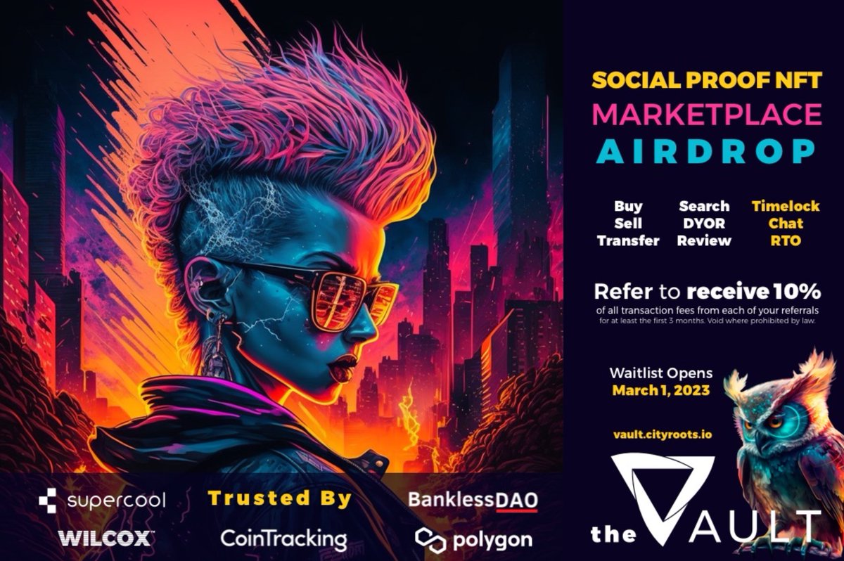 New NFT marketplace <a href="/CityRootsVault/">The Vault</a> from our friends at <a href="/CityRootsNFT/">Cityroots DAO</a> !

Sign up for your referral link 🤝

vault.cityroots.io/referrer/0xf26…