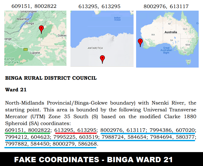 PacheduZW's tweet photo. Binga is now in 3 continents. 😂

Out of the 10 UTM coordinates listed for Ward 21 by ZEC, only one is in Binga.

However, the remaining 9 are fake.

Eight are just off the coast of Perth, Australia, and the last one is in Antarctica.

Is this incompetence or deliberate?

@ZECzim https://t.co/MUjiTMZyyX