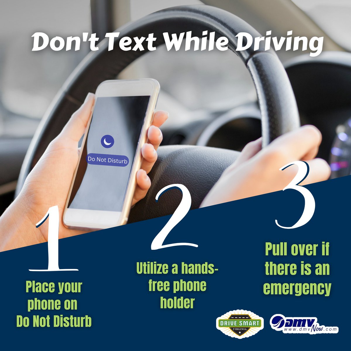 📵Virginia law prohibits drivers from holding cell phones or other wireless devices while driving. When in doubt, pull over to ensure everyone's safety. #DontTextWhileDriving @VirginiaDMV