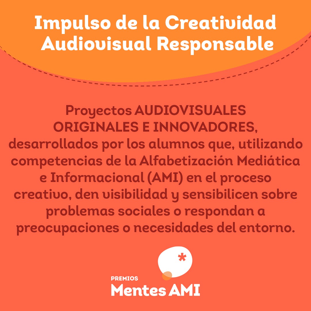 ¡Presenta tu proyecto educativo antes del 20 de abril a los Premios #MentesAMI2023! 

Puedes elegir una de estas categorías👇
 
💭Fomento del Pensamiento Crítico
🎥Impulso de la Creatividad Audiovisual Responsable🫂Promoción de los valores y la convivencia