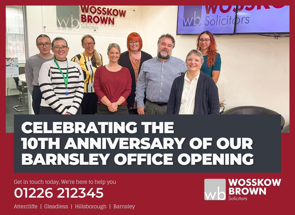 🎉🎉 We're thrilled to mark the 10th anniversary of the opening of their #Barnsley office. 🎉🎉

The anniversary is not only a celebration of Wosskow Brown's success but also a testament to the resilience and adaptability of those in the #legal industry.

wosskowbrown.co.uk/wosskow-brown-…