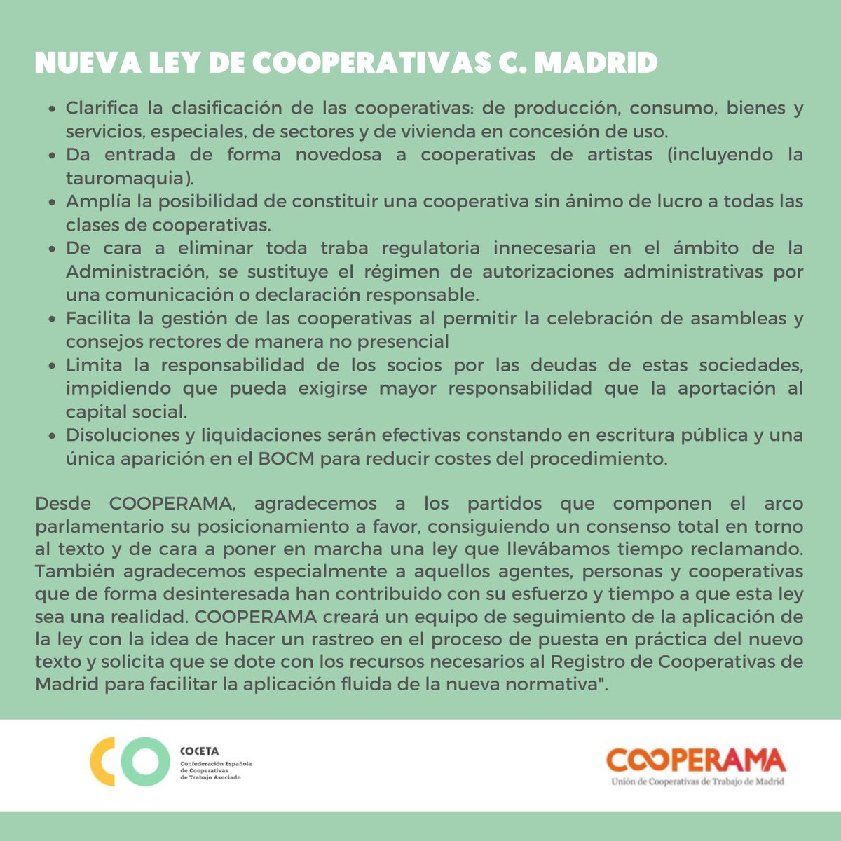 El pasado día 9.02.23 se aprobó la nueva ley de cooperativas de Madrid con el respaldo de todos los grupos parlamentarios. Ayer se publicó el nuevo texto en el BOCM. 
cooperama.coop/post/ Gracias a todos los que han colaborado en el diseño, formulación y aprobación de la ley