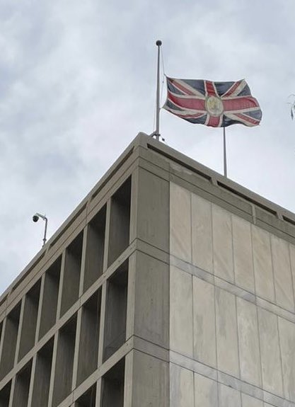 SusanGearyFCDO's tweet photo. Today we half-masted our flag at the British Embassy Athens in solidarity with the people of Greece.

We join you in mourning the tragic loss of life in the #Tempi train crash.
@ukingreece https://t.co/BgOrgIHhI8