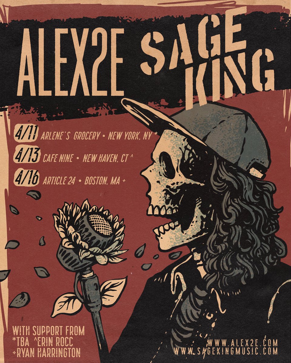 Guys we’re going on tour! My second ever headline run with my pal <a href="/SageKingMusic/">Sage King</a> happens this April in NYC, New Haven and Boston. Tix are on sale now for MA / CT and they’re already MOVIN’. We’ll see ya soon.