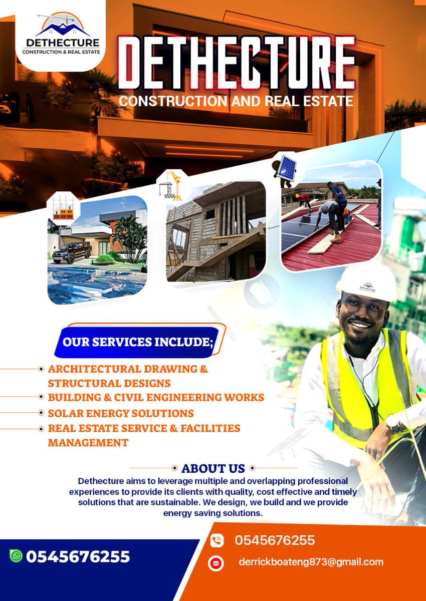 Hi lovely people I'm here to introduce you to my new family Dethecture Construction And Real Estate,we offer the best of services so what are you waiting for please call us now #Ghana #RealEstate #Construction  #SolarEnergy #ArchitecturalDrawing #StructuralDesigns #GhanaHouses