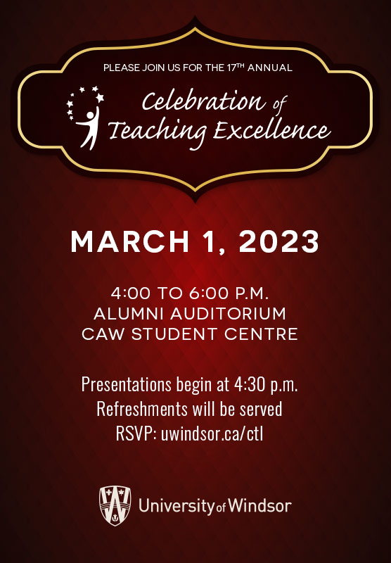 Please join us for the 17th annual Celebration of Teaching Excellence. The event takes place today from 4:00 to 6:00 p.m. in Alumni Auditorium with presentations beginning at 4:30. See you there!