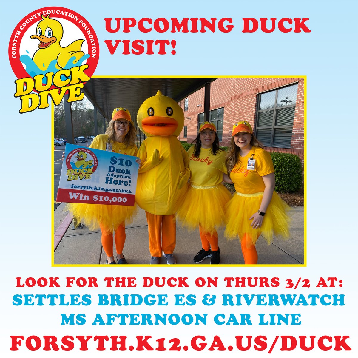The 2023 Duck Dive for Education is back, which means Duck visits are too. The duck is visiting <a href="/settlesbridge/">Settles Bridge Elem</a> and <a href="/RiverwatchMS/">Riverwatch Middle</a> tomorrow afternoon, say hi and don't forget to adopt a duck!
