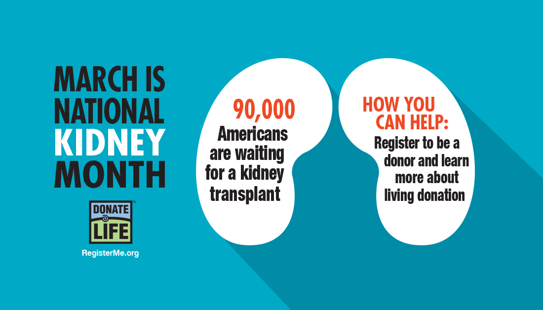 90,000 Americans are waiting for a lifesaving kidney transplant. You can help save lives by registering &amp; sharing your decision to be an organ donor, and by learning more about living kidney donation at DonateLife.net. #DonateLife #NationalKidneyMonth 💙💚🧡