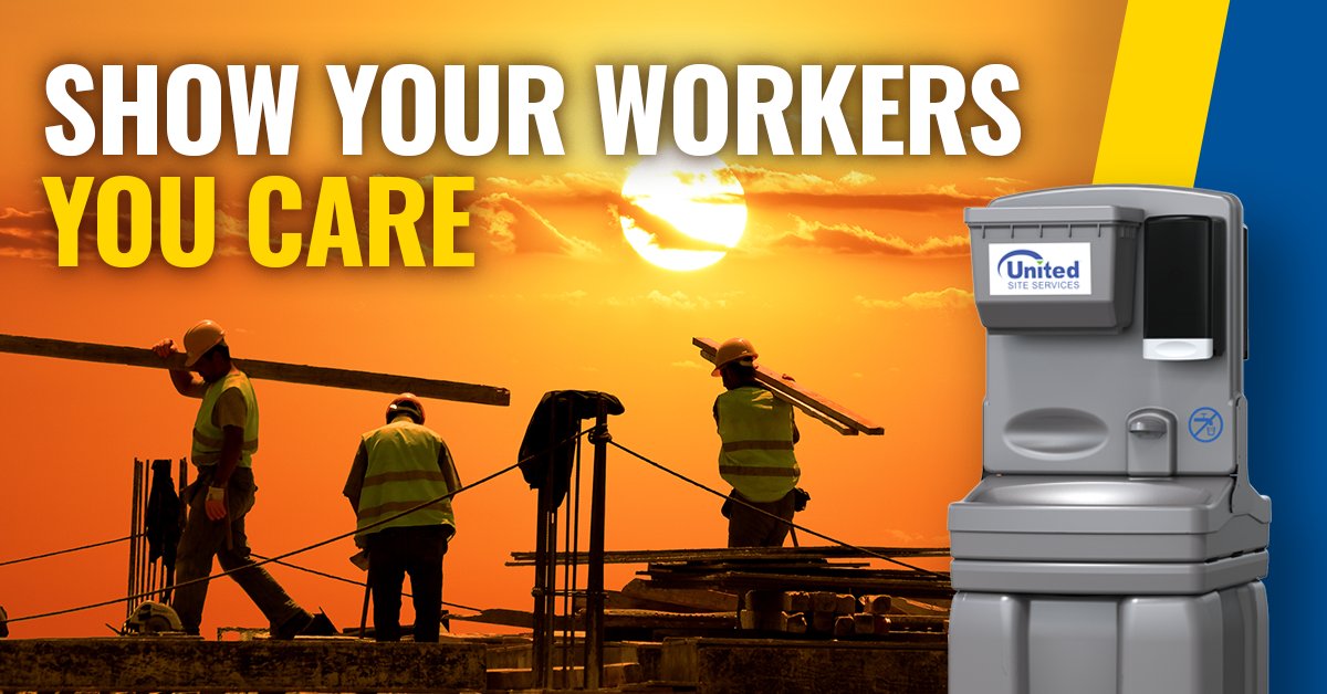 UnitedSiteServ's tweet photo. It’s critical to provide a way for workers to wash their hands to maintain a healthy job site. With all the dirt and debris in construction environments, your hard-working crew deserves a way to clean their hands throughout the day. #jobsite #washhands #killbacteria #health https://t.co/c9QJ9CpRZQ