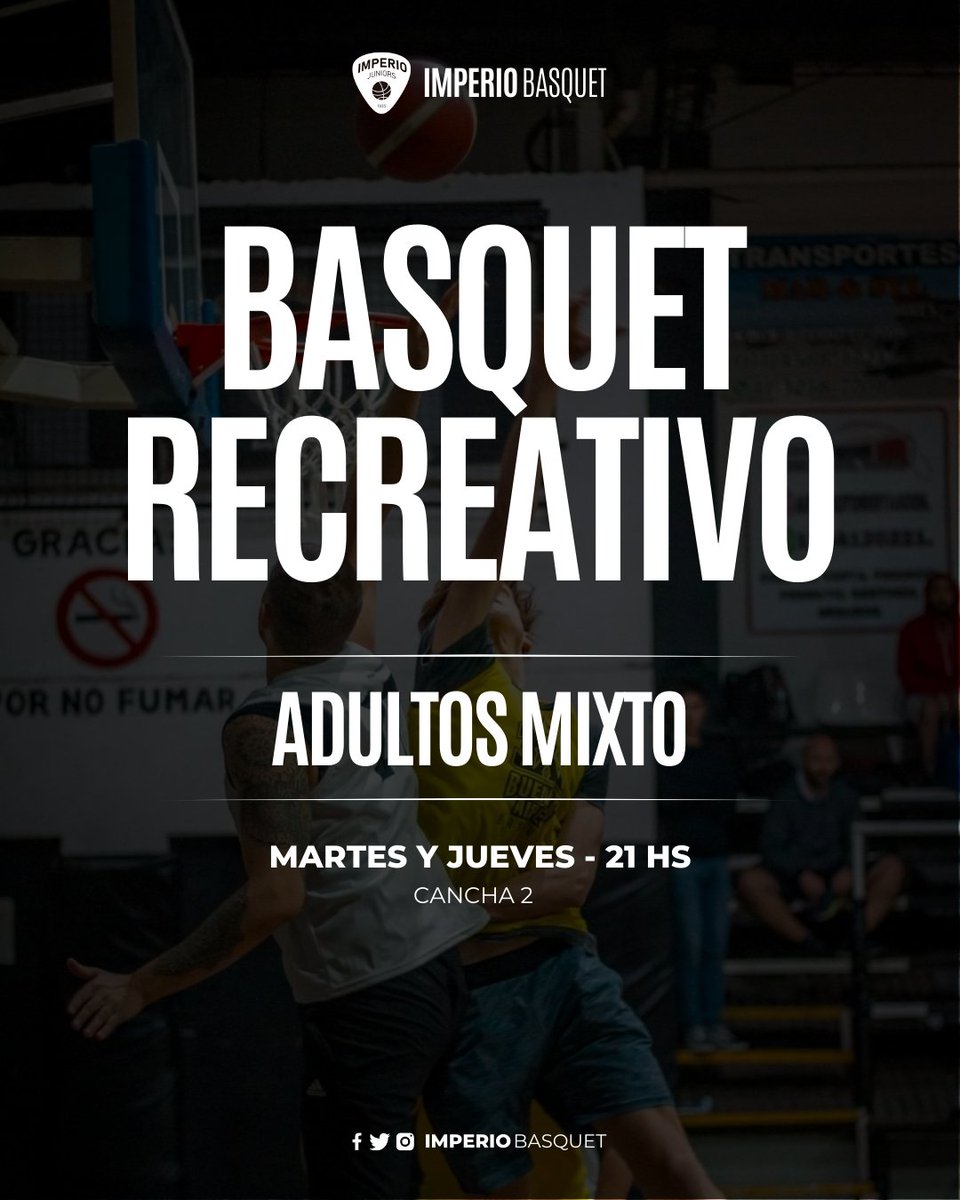 🏀 ¡Vení a divertirte a Imperio!

🙎‍♂️👩 Basquet recreativo para adultos mixto (a partir de 18 años)

🗓 Martes y jueves desde las 21 hs.

¡Te esperamos!

#UnImperioGrande ⚪⚫