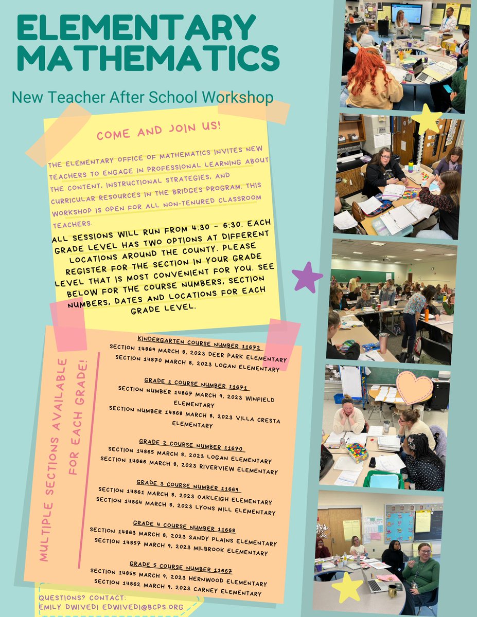 The Elementary Math Office invites First-Year Teachers and Untenured Teachers in Grades K-5 to New Educator Orientation on Bridges Math Components. A stipend will be provided for all participants that attend this training. Check your grade level Schoology page for more info.
