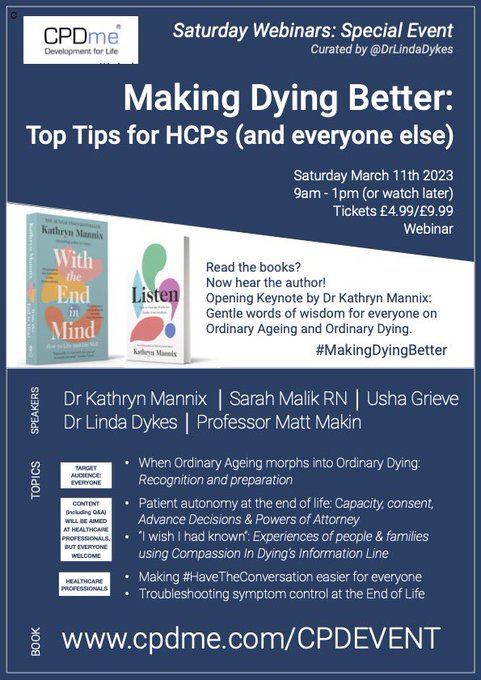 Kathryn Mannix (@drkathrynmannix) on Twitter photo Join us on Saturday March 11th from 9am - open to all. The programme gets gradually more medical over the morning, so feel free to join for the parts that interest you most.
Book: cpdme.com/CPDEVENT
Brainwave of <a href="/DrLindaDykes/">Dr Linda Dykes has moved to Bluesky</a>
#MakingDyingBetter Join us on Saturday March 11th from 9am - open to all. The programme gets gradually more medical over the morning, so feel free to join for the parts that interest you most.
Book: cpdme.com/CPDEVENT
Brainwave of <a href="/DrLindaDykes/">Dr Linda Dykes has moved to Bluesky</a>
#MakingDyingBetter