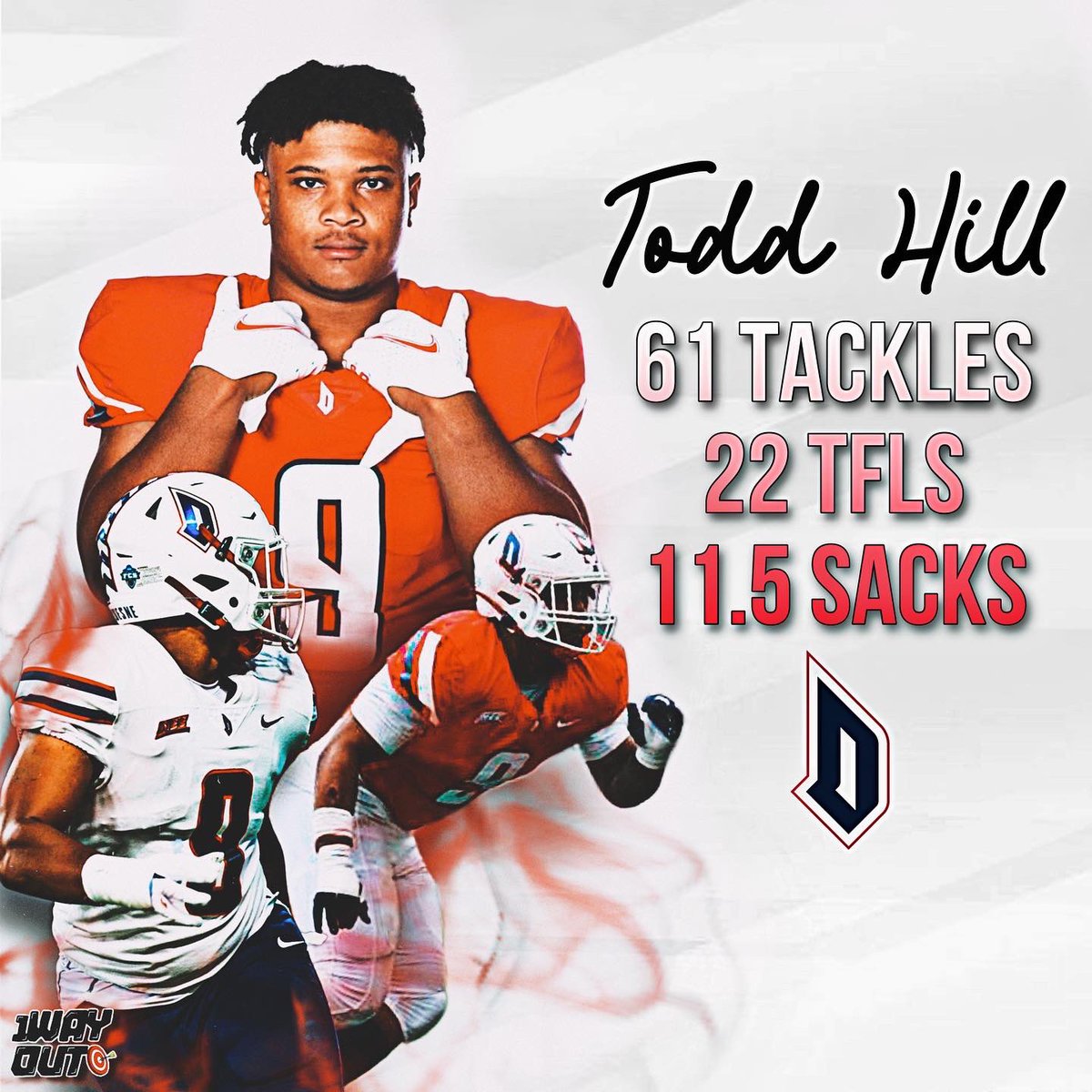 Officially in the Portal as a Grad Transfer with 1 year of remaining eligibility.

3x NEC All Conference
Blueblood All American 
PFF: 89.0
2023 Stats: 11.5 Sacks  22 TFL 60 total                                 
Careers: 144 Total 138 TFL 15.5 Sacks
Top 5 in the FCS in Sacks&amp;TFLs