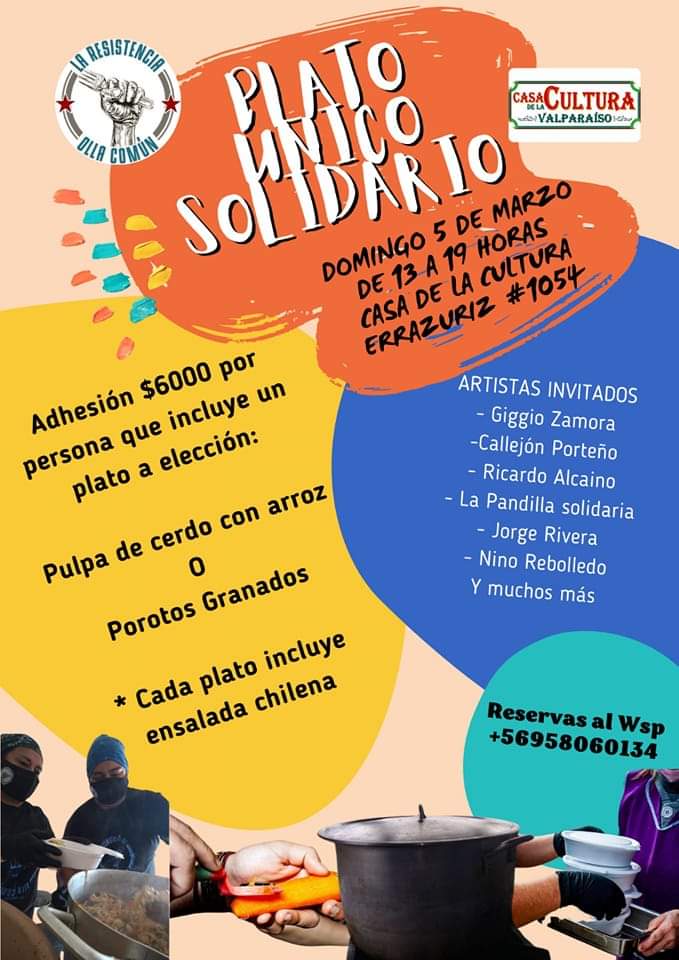 En 'LaResistencia Valparaiso OllaComun' nos levantamos de vuelta oiga!!! . 🍲🥕

Venga al puerto a disfrutar de lo mejor de la música de algunos de nuestros patrimonios vivientes, venga a comer exquisito y venga a hacer comunidad y a solidarizar!!

¡ 5 Marzo !